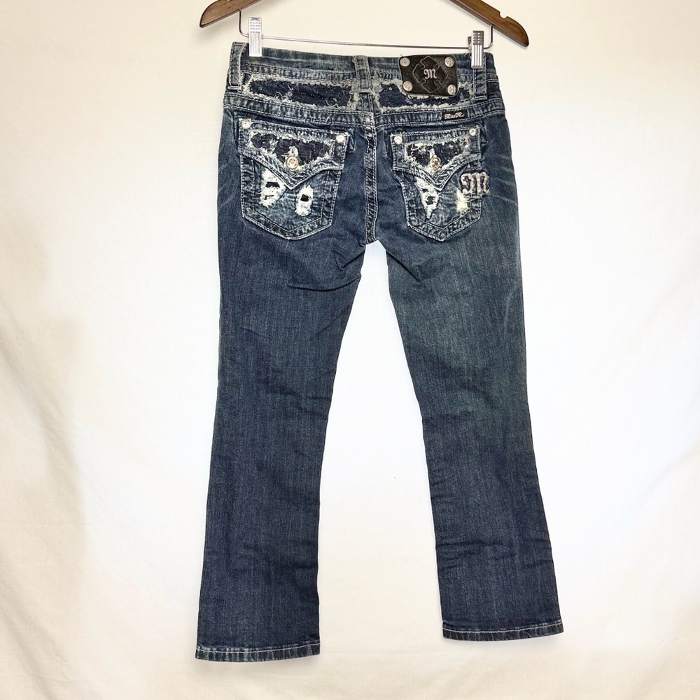MISS ME | 👖Blue Faded Low-Rise Rhinestones Bling Signature Crop Denim Jeans